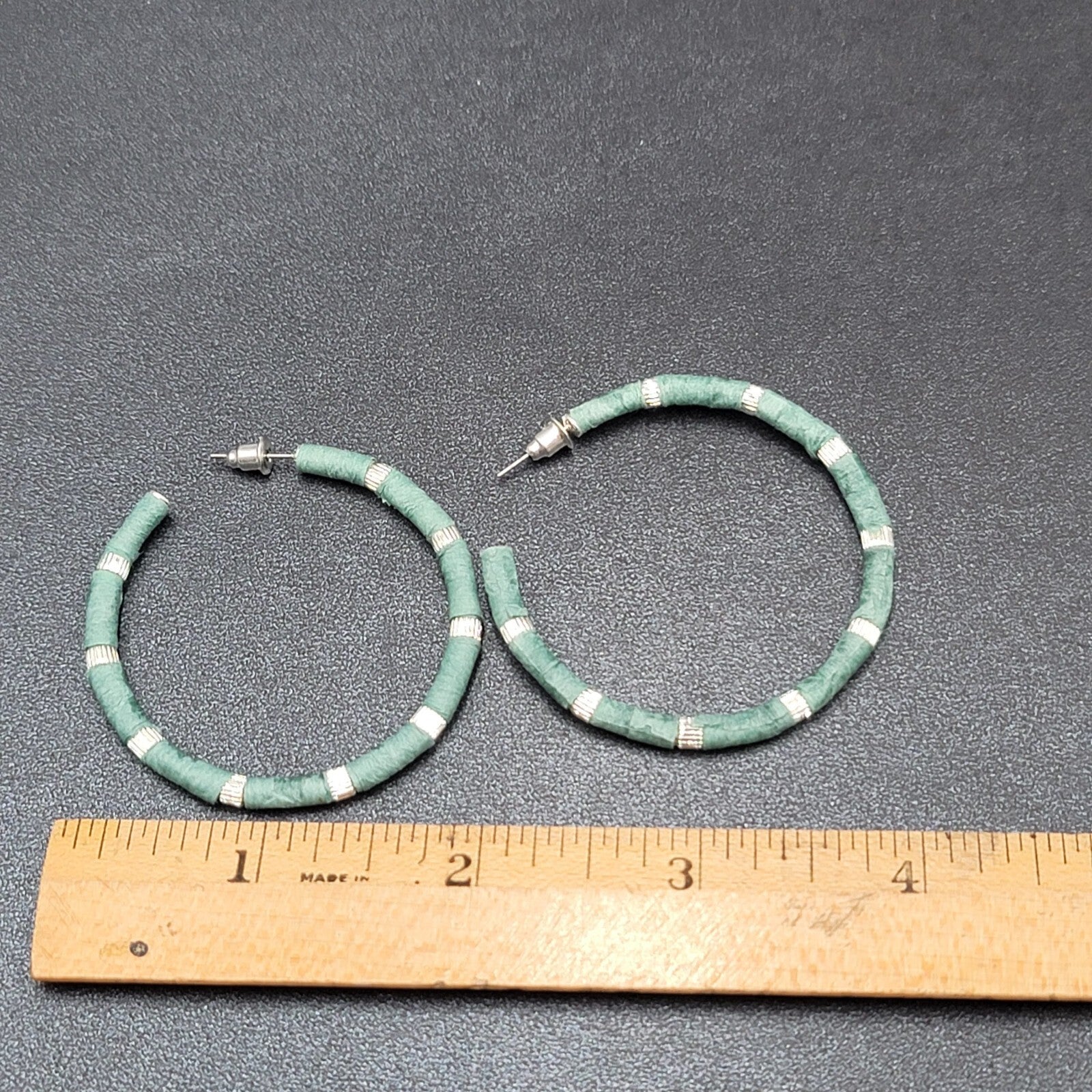 Pierced Earrings Blue Teal Raffia Wrapped Silver tone Drop Hoops 1 7/8"