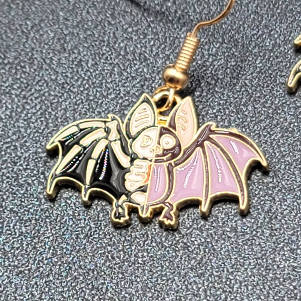 Zombie Bat Pierced Earrings Halloween Half Skeleton Enamel Dangle 3/4"