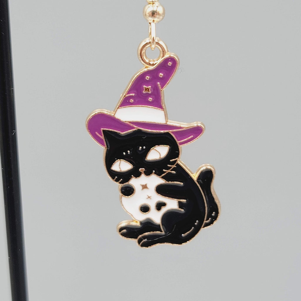 Black Cat Witch Pierced Earrings Enamel Gold tone Dangle New 1.25"