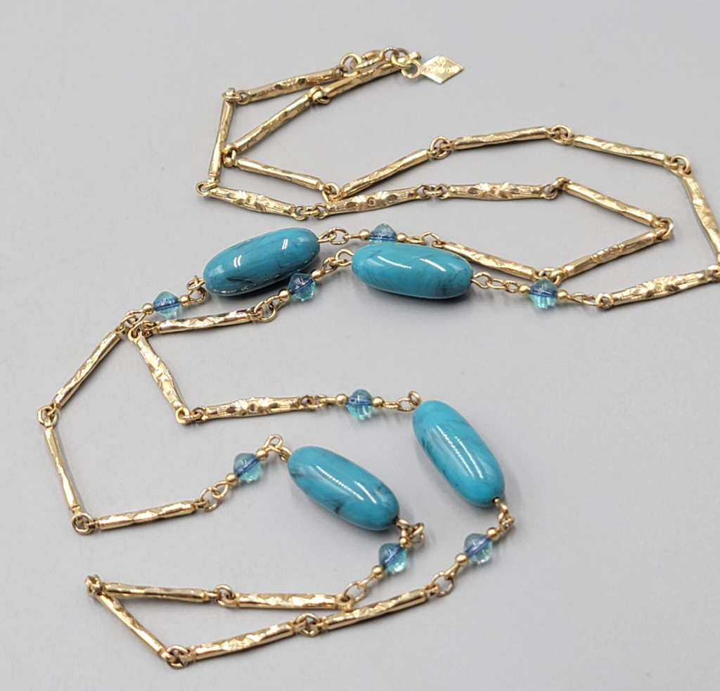 Vintage Sarah Cov Long Station Necklace Blue Bead Gold tone Bar Chain 36"