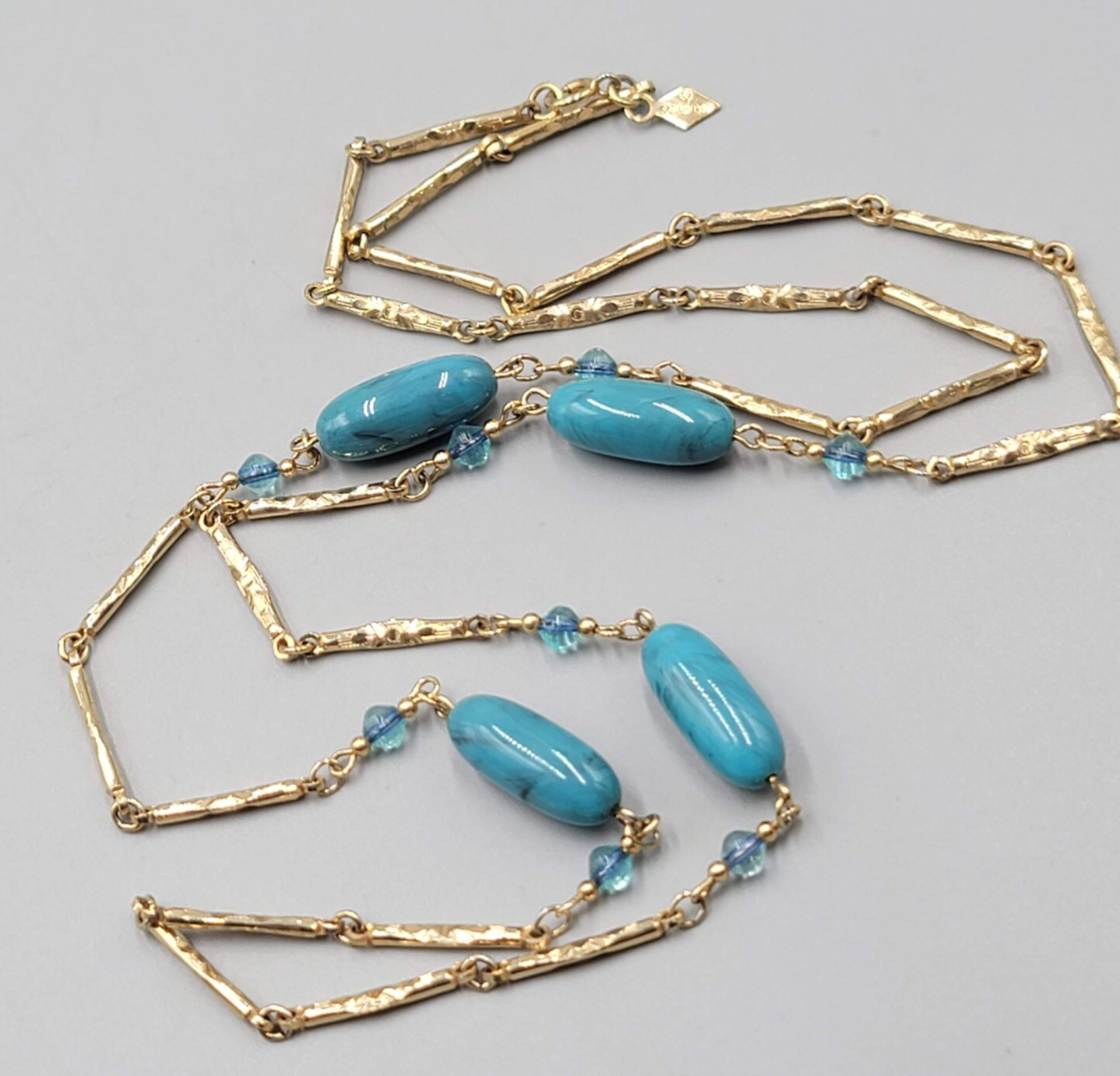 Vintage Sarah Cov Long Station Necklace Blue Bead Gold tone Bar Chain 36"