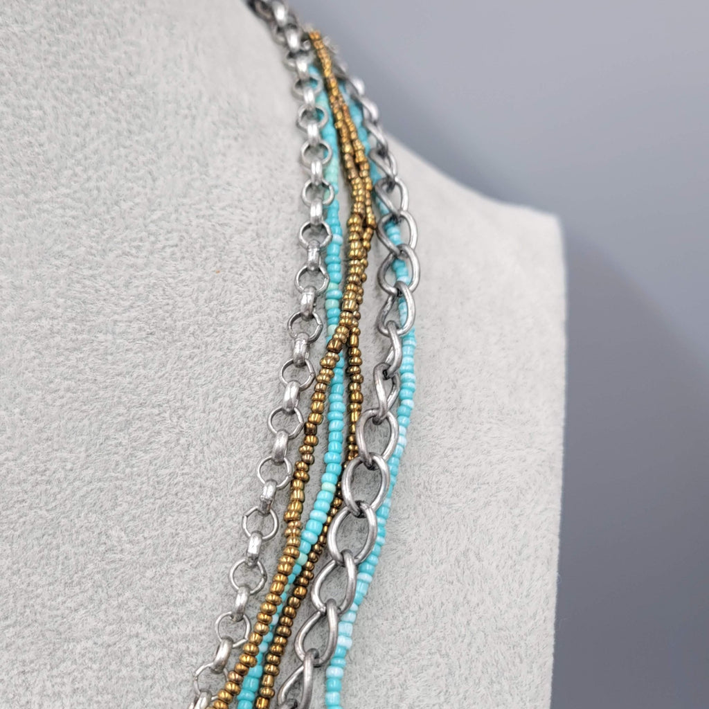 Blue Seed Bead Silver tone Chains Necklace 6 Strand 18"-20"