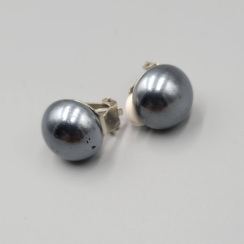 Vintage Clip on Earrings Satin Black Metallic Dome Stud 5/8"