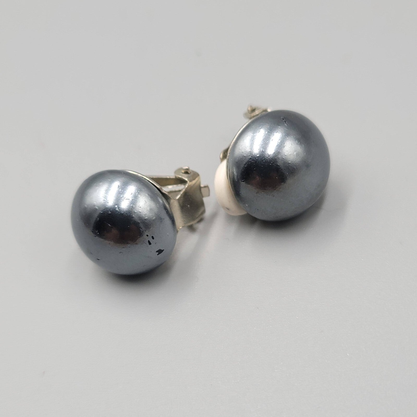 Vintage Clip on Earrings Satin Black Metallic Dome Stud 5/8"