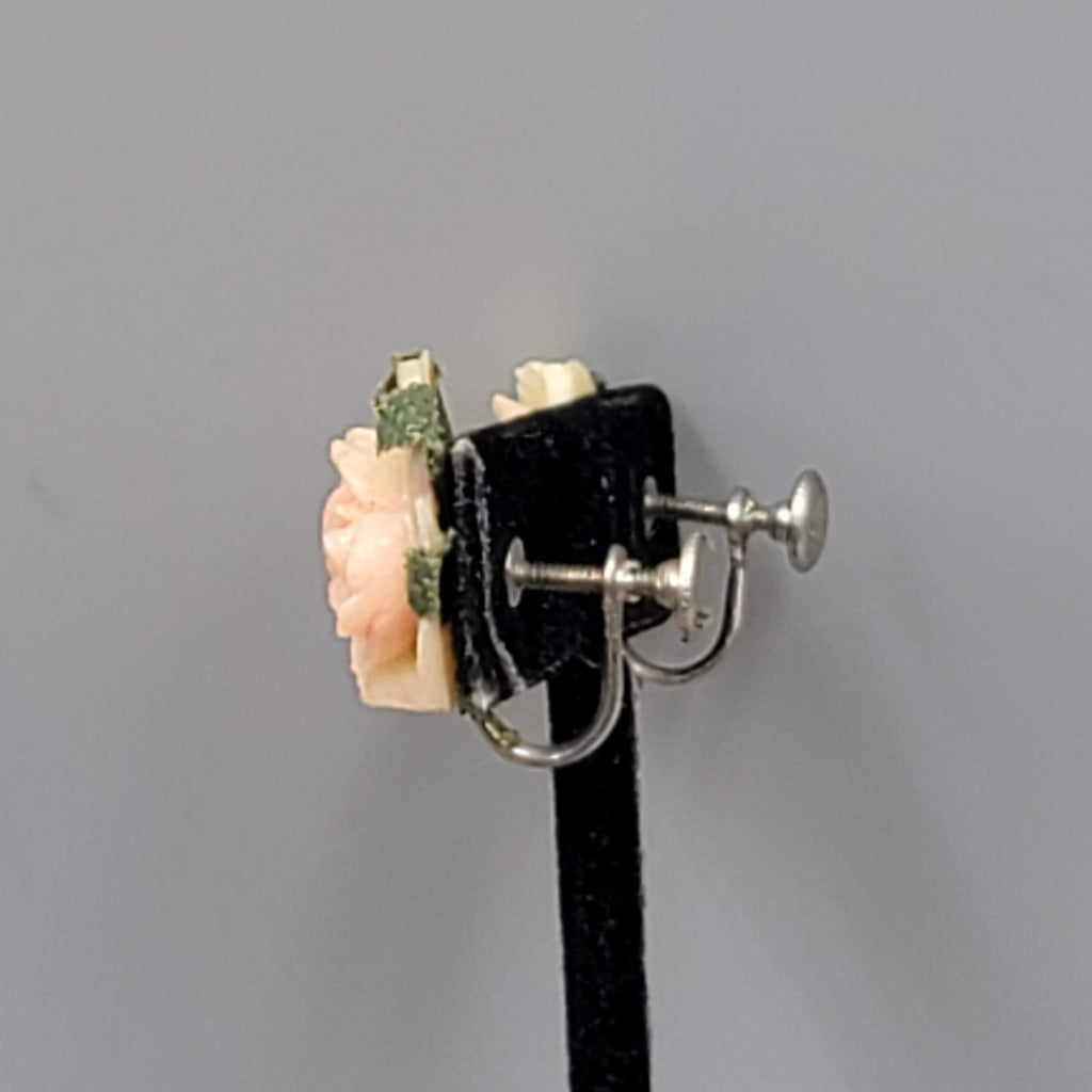 Vintage Acrylic Rose Clip on Earrings Screw Back 3/4"