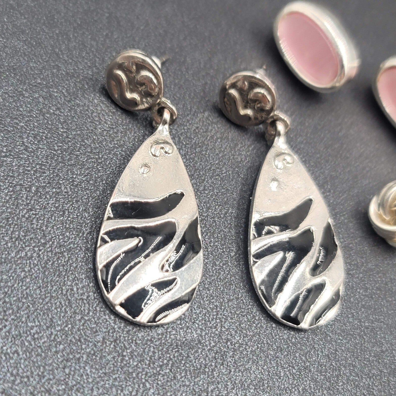 Lot of 3 Pierced Earrings Silver tone Pink Cats Eye Black Enamel Dangle Studs