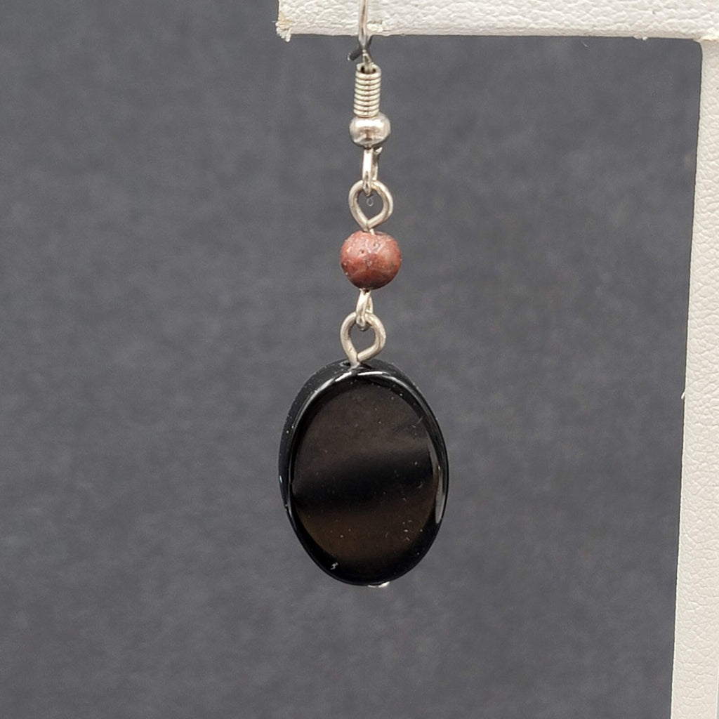 Pierced Earrings Silver tone Black Glass Oval Bead Dangle 1.25"