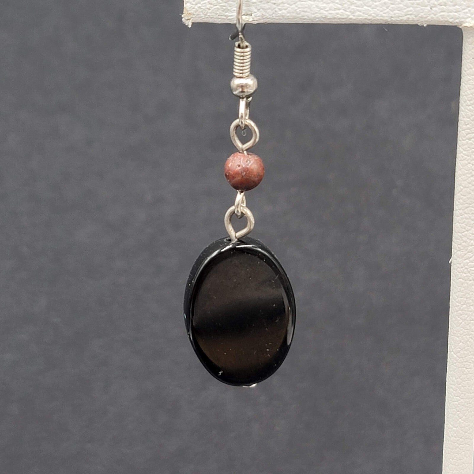 Pierced Earrings Silver tone Black Glass Oval Bead Dangle 1.25"