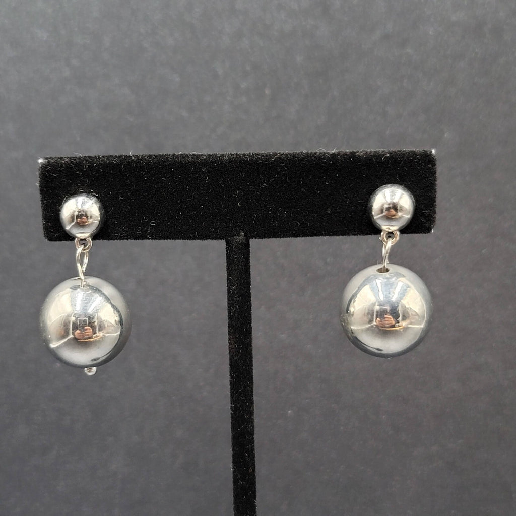 Pierced Earrings Silver tone Bead Dangle  1.25"