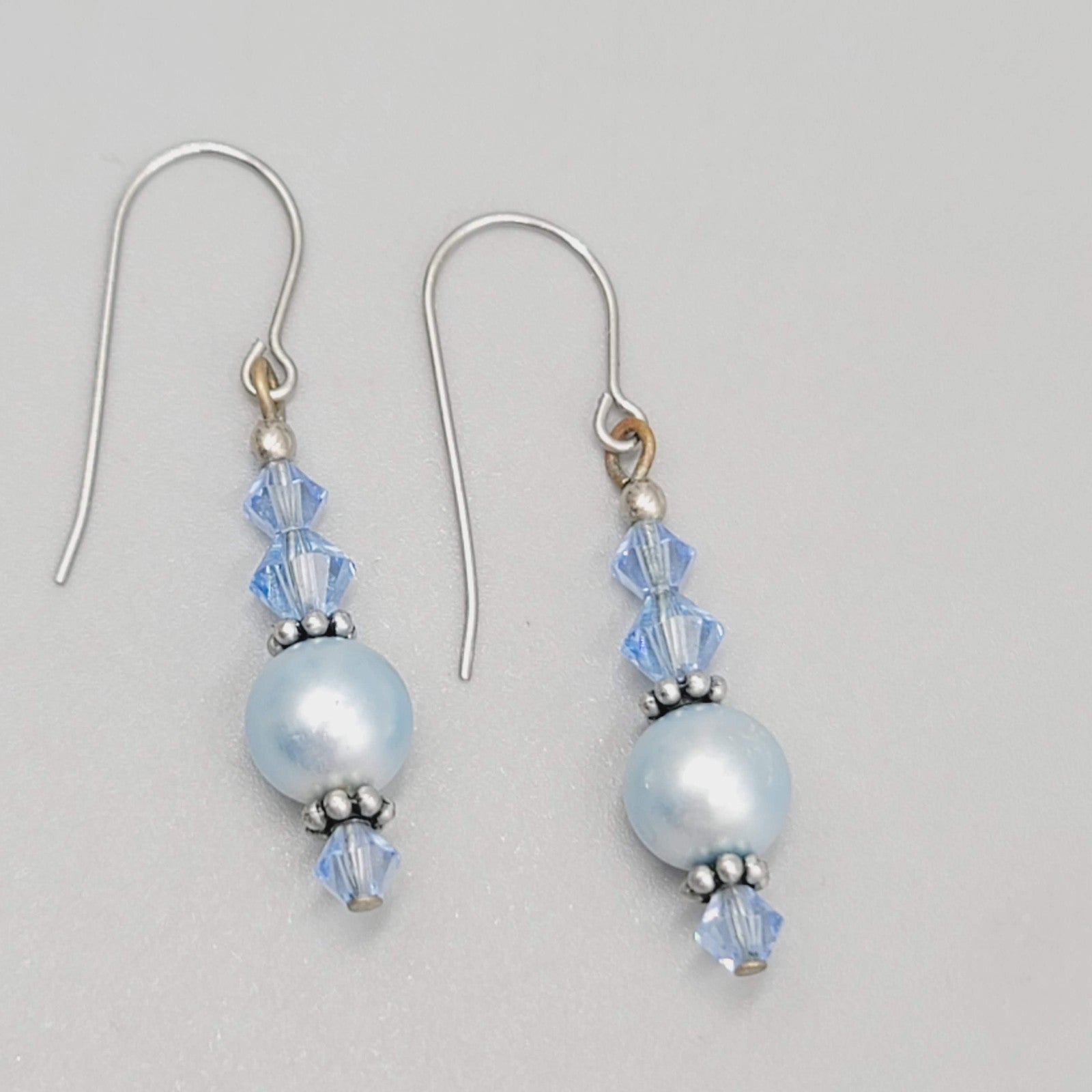 Satin Blue Bead Pierced Earrings Silver tone Dangle 1 1/8"