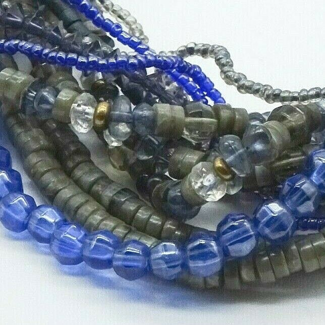 Vintage Necklace Blue Gray Bead Shell 12 Strand Estate Costume Jewelry 18"
