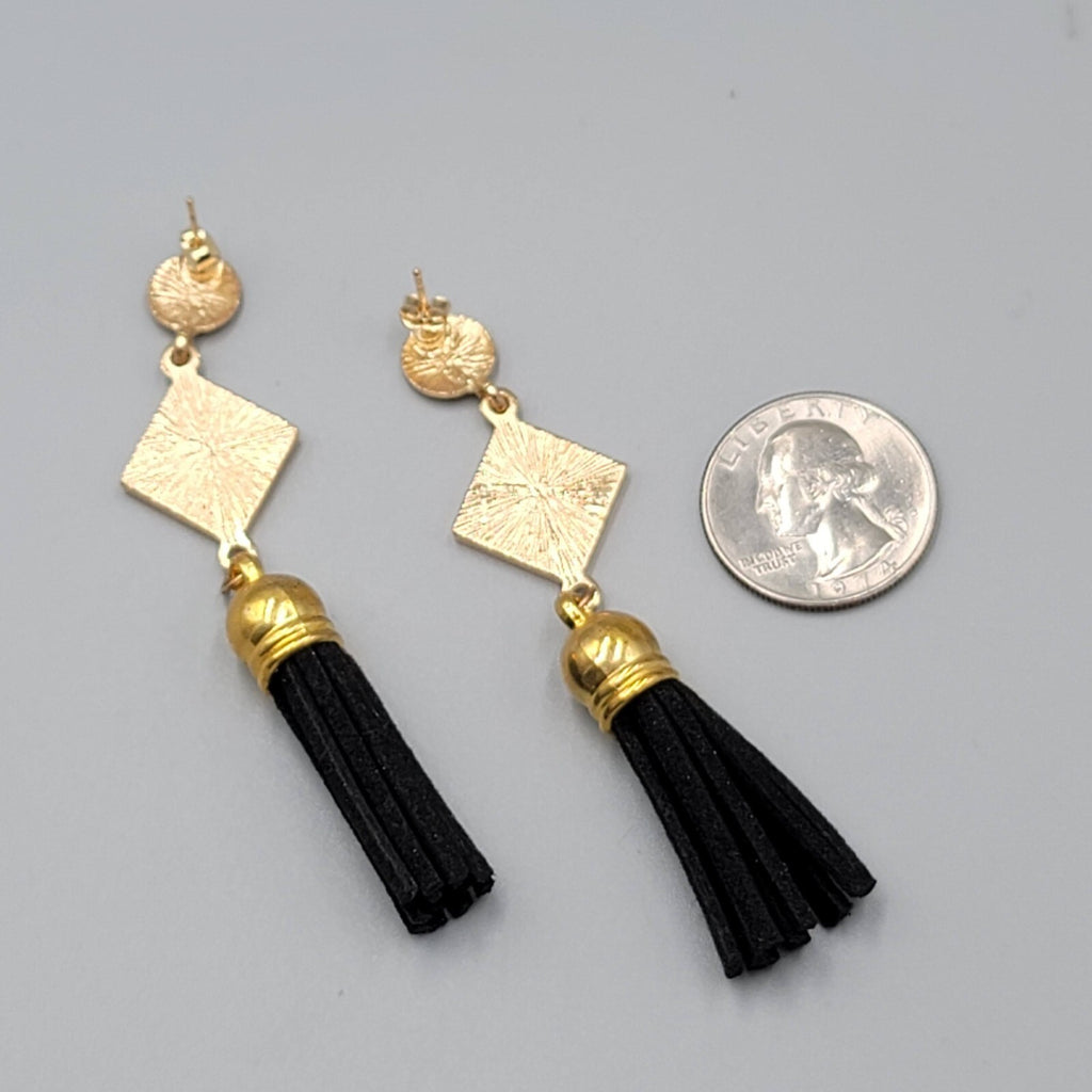 Black Tassel Pierced Earrings Gold tone Dangle 3"