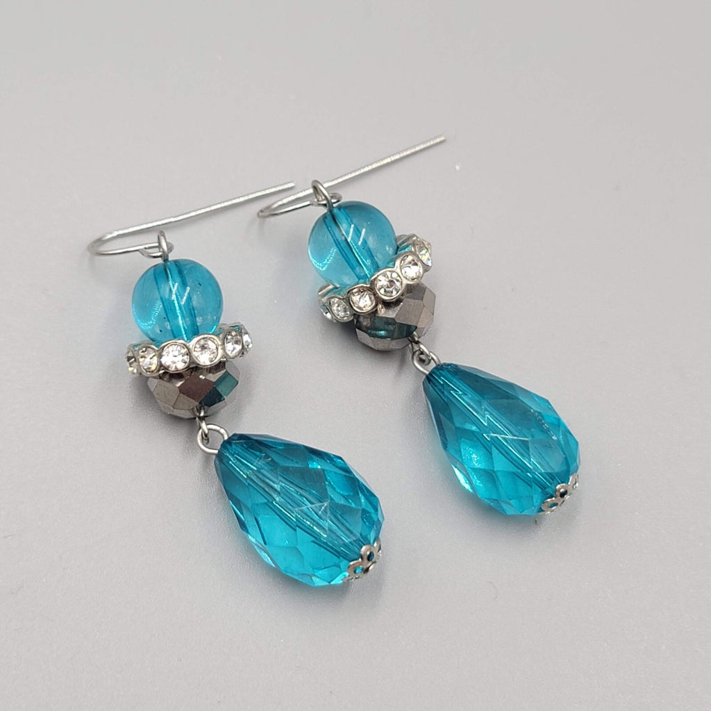 Pierced Earrings Silver tone Rhinestones Blue Faceted Acrylic Teardrop 1.75"