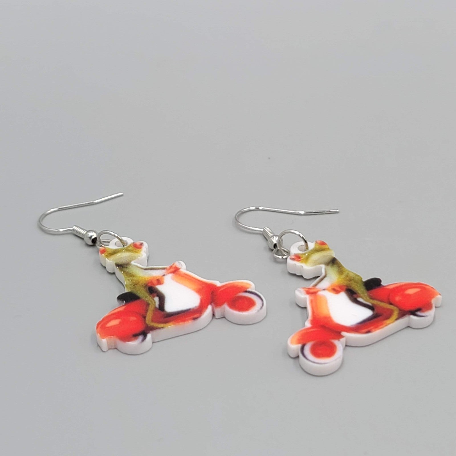 Lizard on a Scooter Pierced Earrings Silver tone Dangle  1.25 in