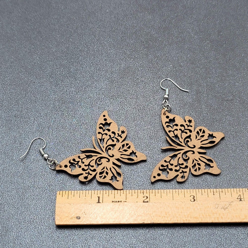 Butterfly Pierced Earrings Laser Cut Wood Dangle Large 2"