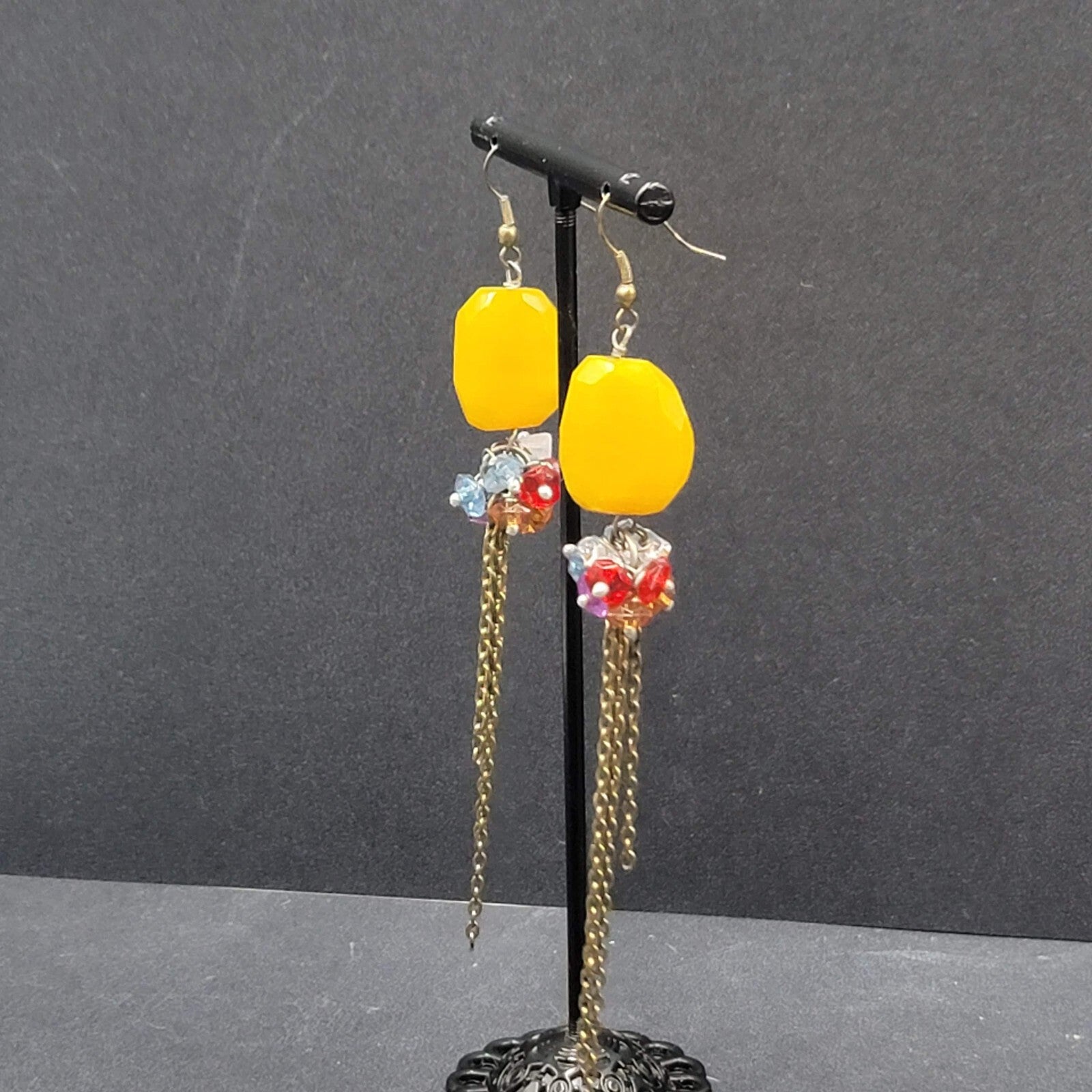 Pierced Earrings Multicolor Quartz Bead Statement Dangle Chains 3.75"