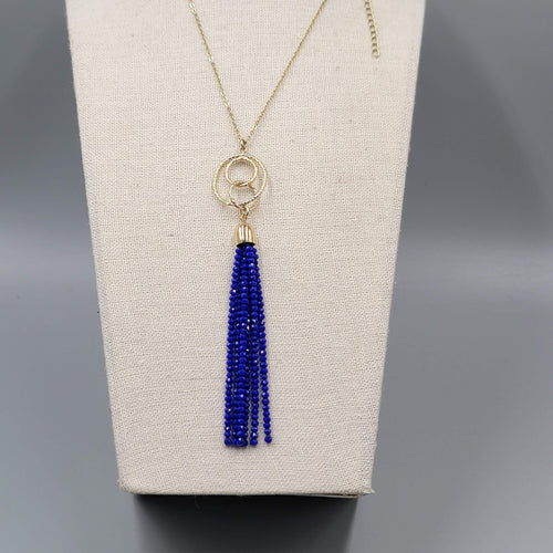 Blue Crystal Bead Tassel Pendant Necklace Gold tone LONG Chain 28"
