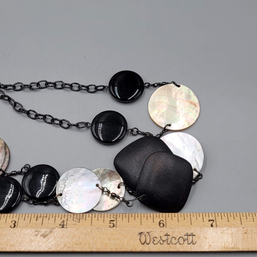 Cookie Lee Black Wood Shell Station Necklace Statement Long 30"+