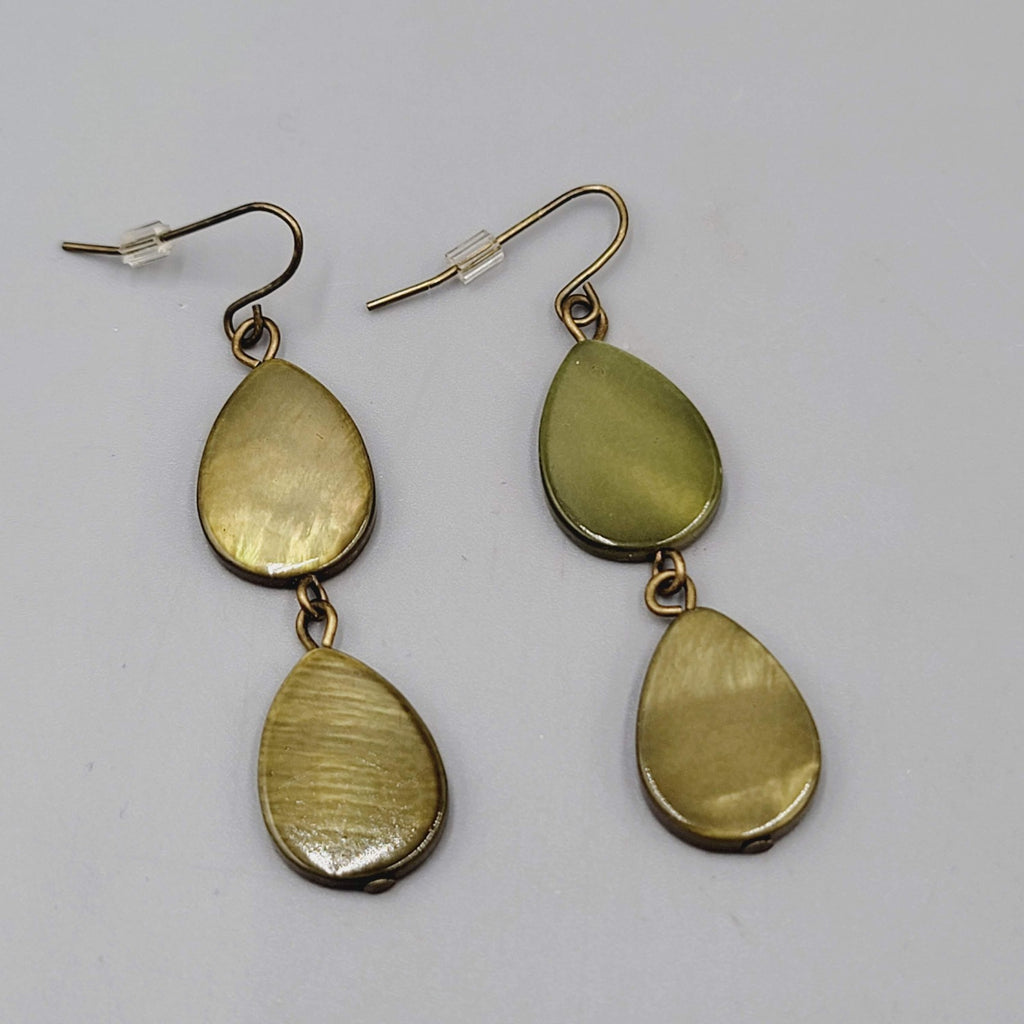 Teardrop Dangle Pierced Earrings Green Dyed Shell Bronze tone 1.75"