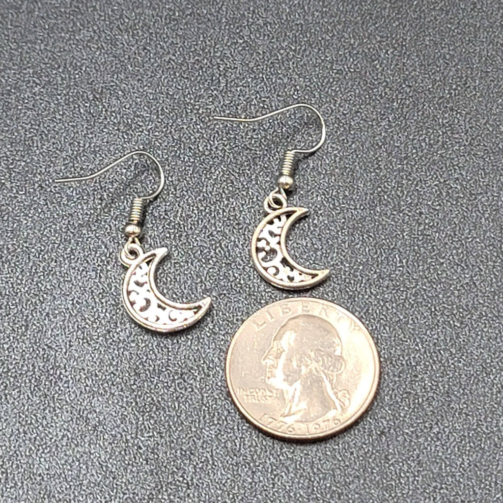 New MOON Pierced Earrings Silver tone Open Work Metal Dangle 5/8"