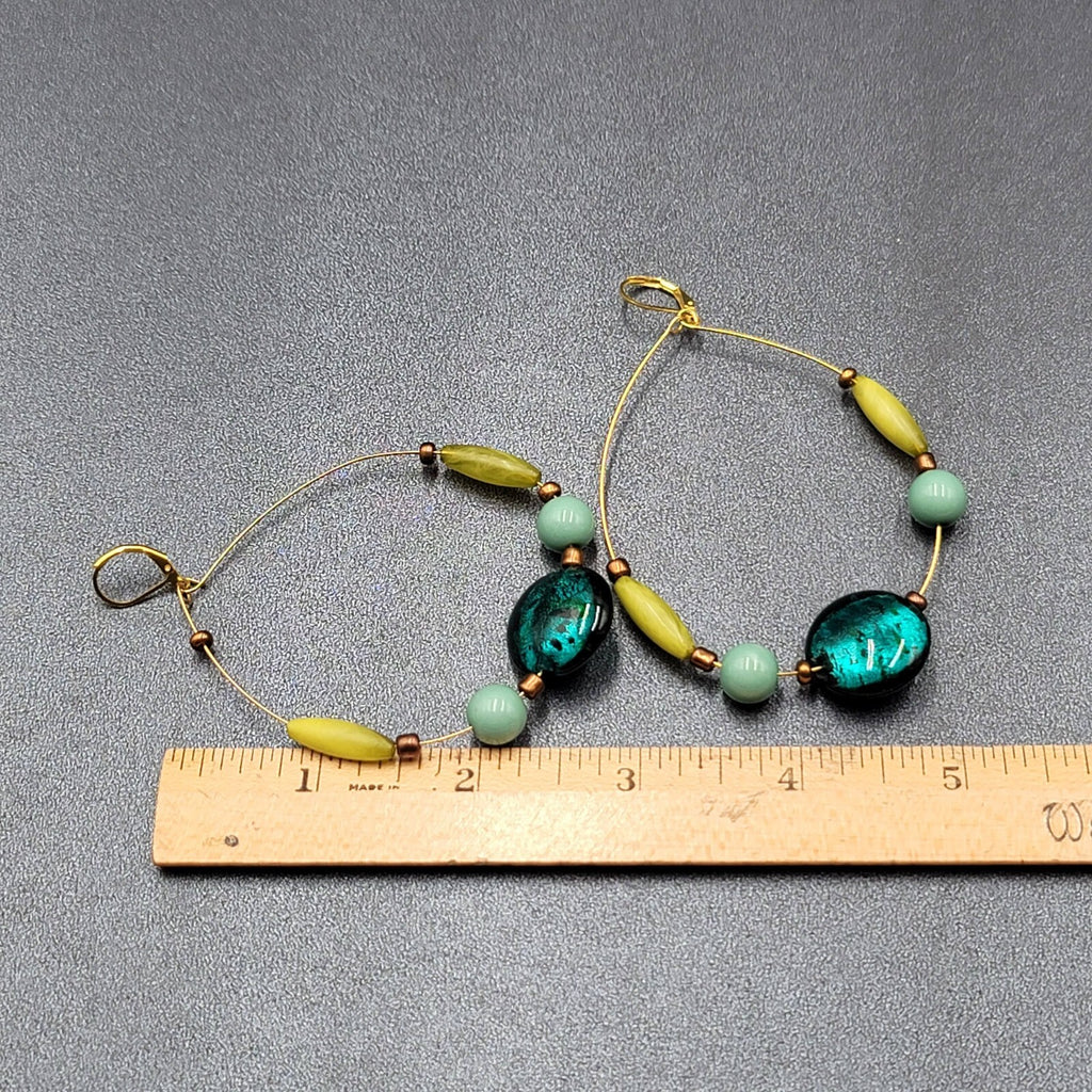 Pierced Earrings Gold tone Blue Dichroic Glass Bead Acrylic Beads 3"