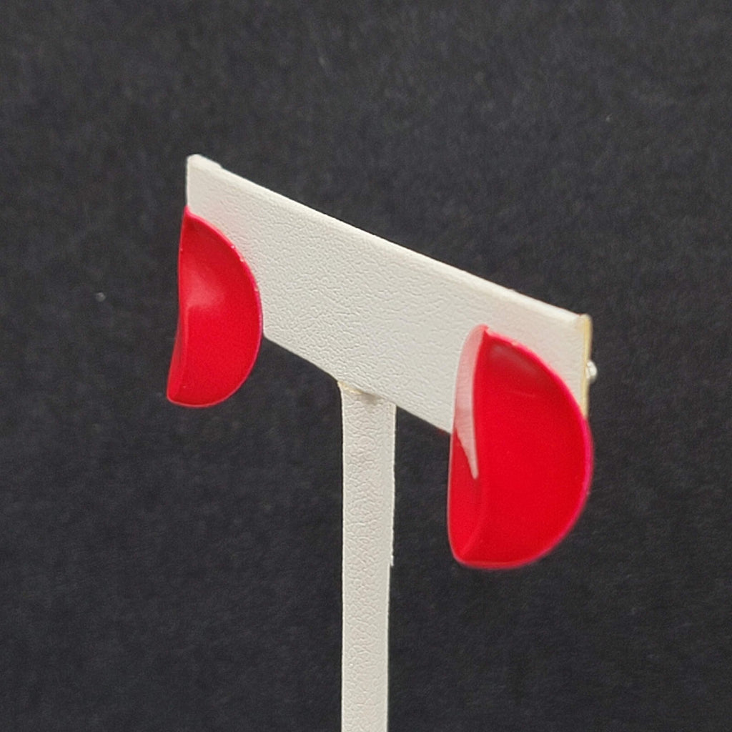 Vintage Pierced Earrings Red Enamel Crimped Round Studs 3/4"