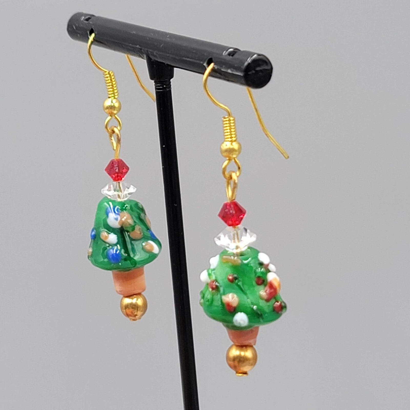Christmas Tree Pierced Earrings Art Glass Bead Dangle 1.25"