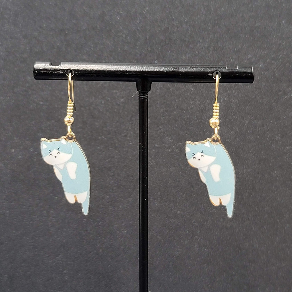 Pierced Earrings Kitten Cat Blue White Gold tone Dangle 1" 