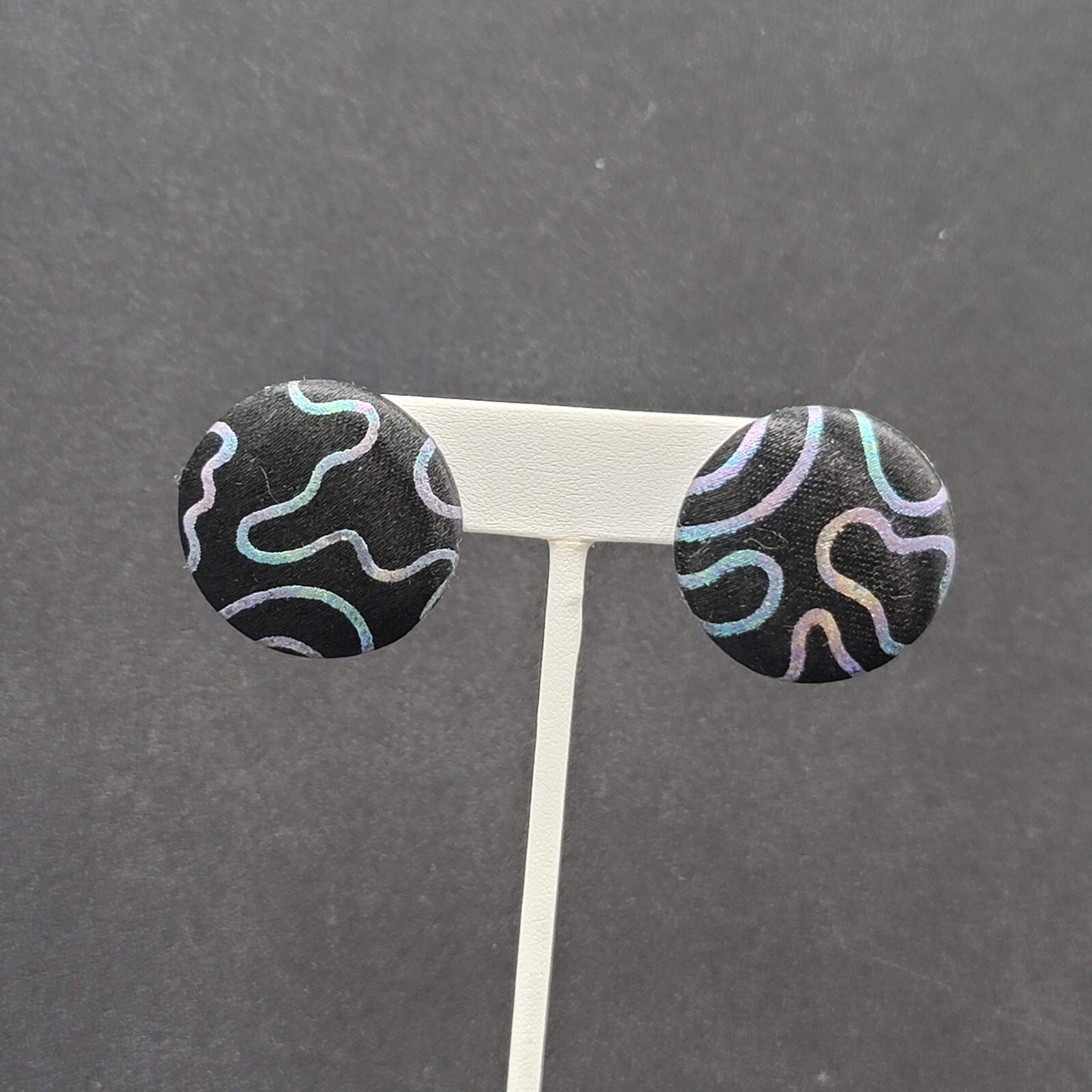 Vintage Pierced Earrings Black Satin Multicolor Lines Statement Round 80s 1"