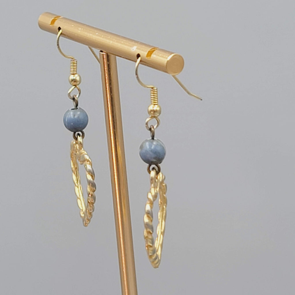 Vintage Heart Pierced Earrings Gold tone Blue Bead Dangle 1.5"