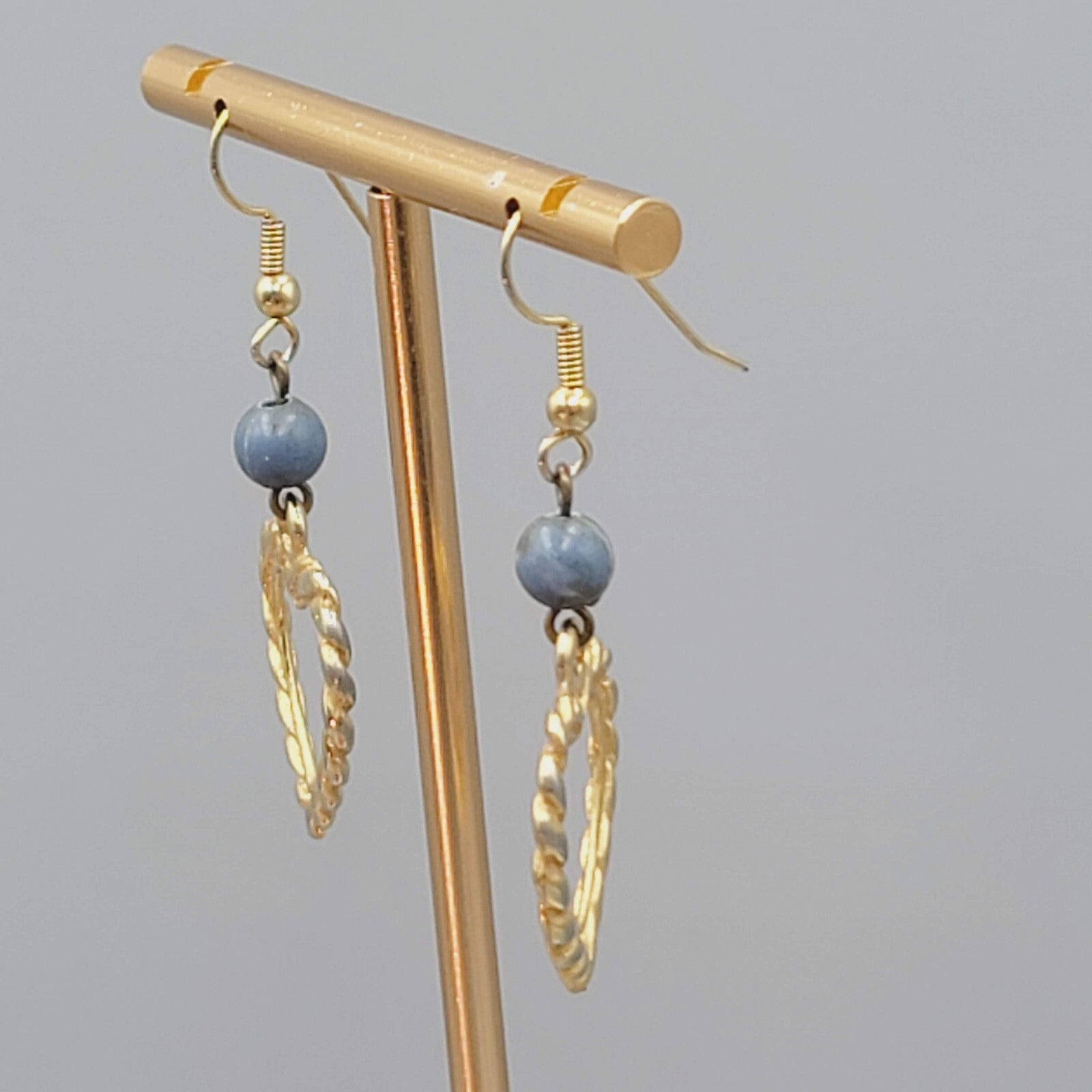 Vintage Heart Pierced Earrings Gold tone Blue Bead Dangle 1.5"