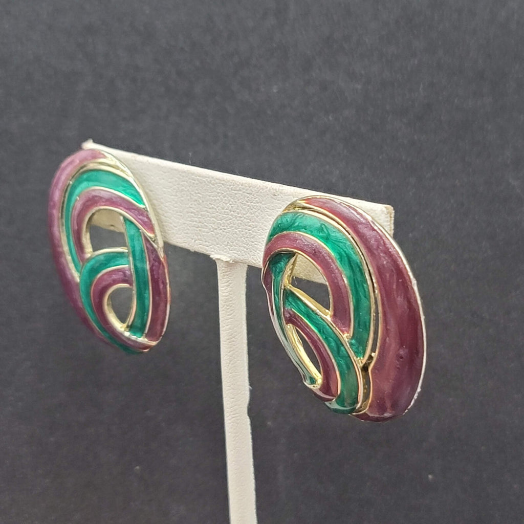 Vintage Pierced Earrings Purple Teal Blue Swirl Enamel Gold tone Drop 1.5"