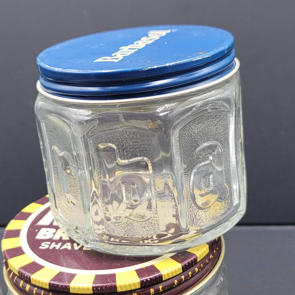 Lot of 3 Vintage Molle Barbosol Shaving Cream Embossed Glass Jars