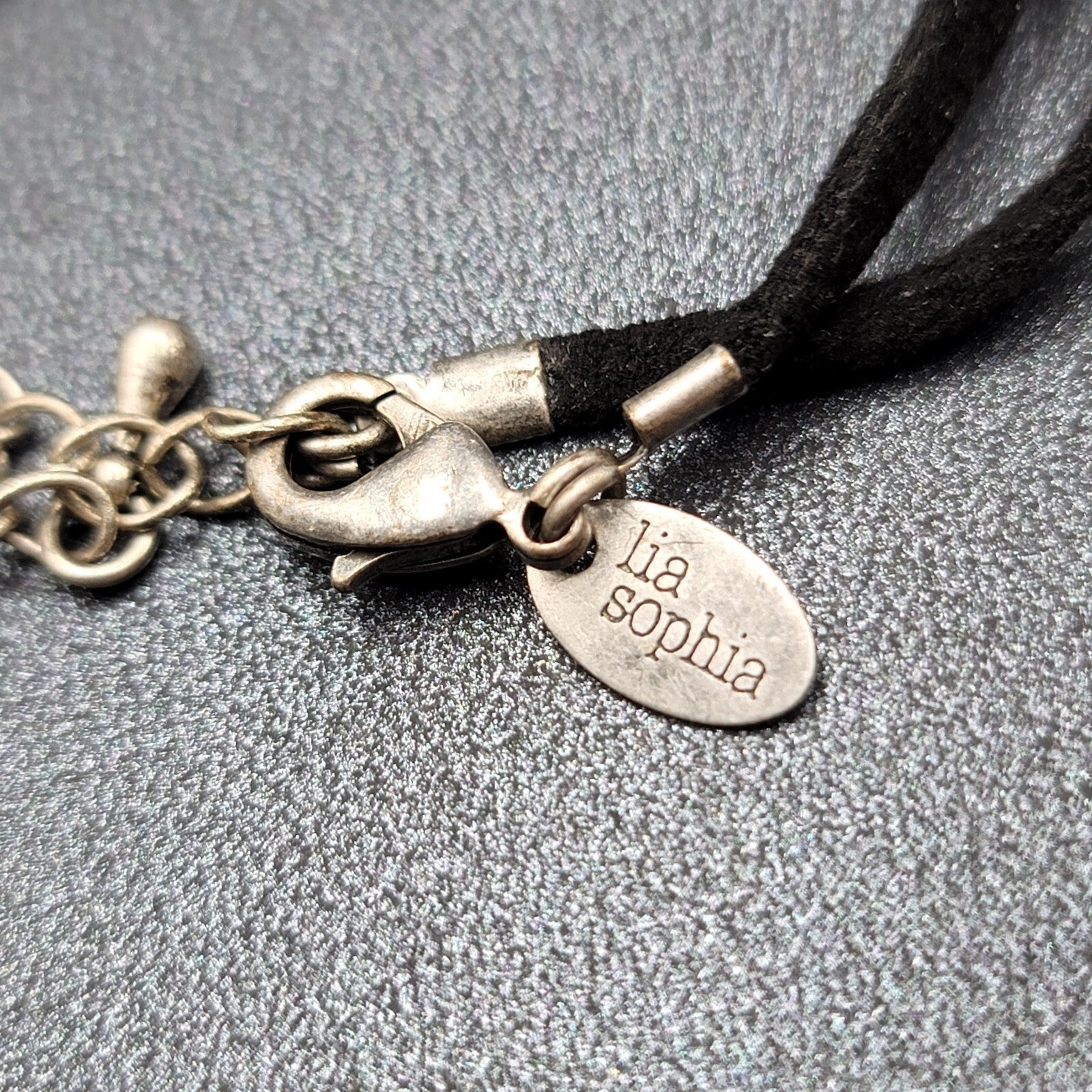 Lia Sophia Pendant Necklace Silver tone Crystal Suede Leather Cord 16"-19"
