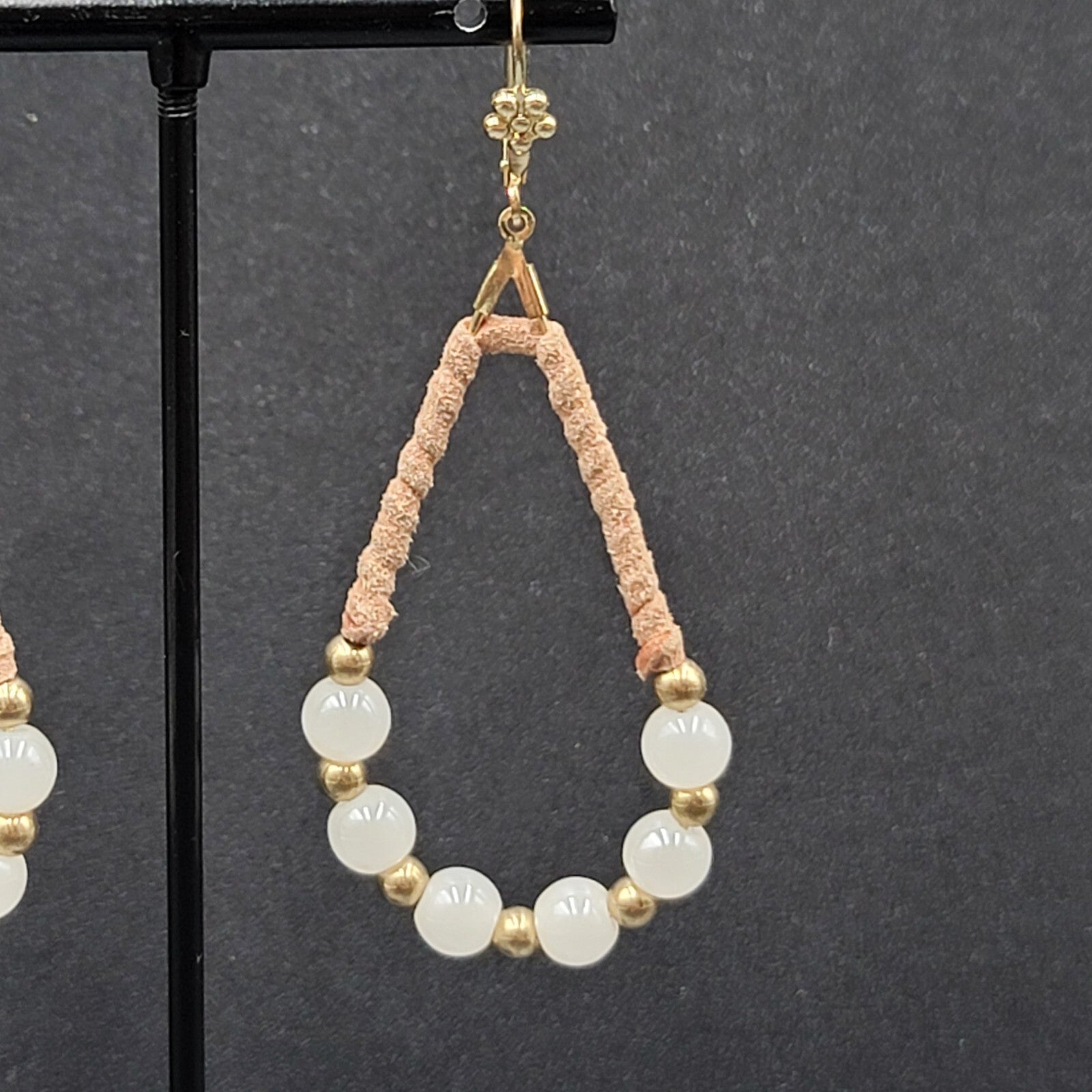 Pierced Earrings Gold tone Leather Wrapped Beaded Teardrop Dangle 2.25"