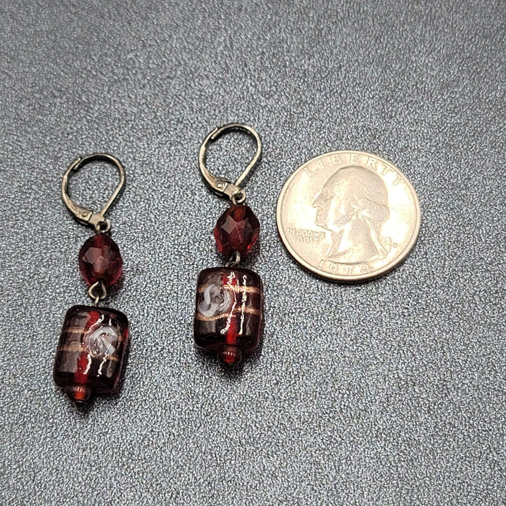 Pierced Earrings Black Metal Red Art Glass Beads 1.25"
