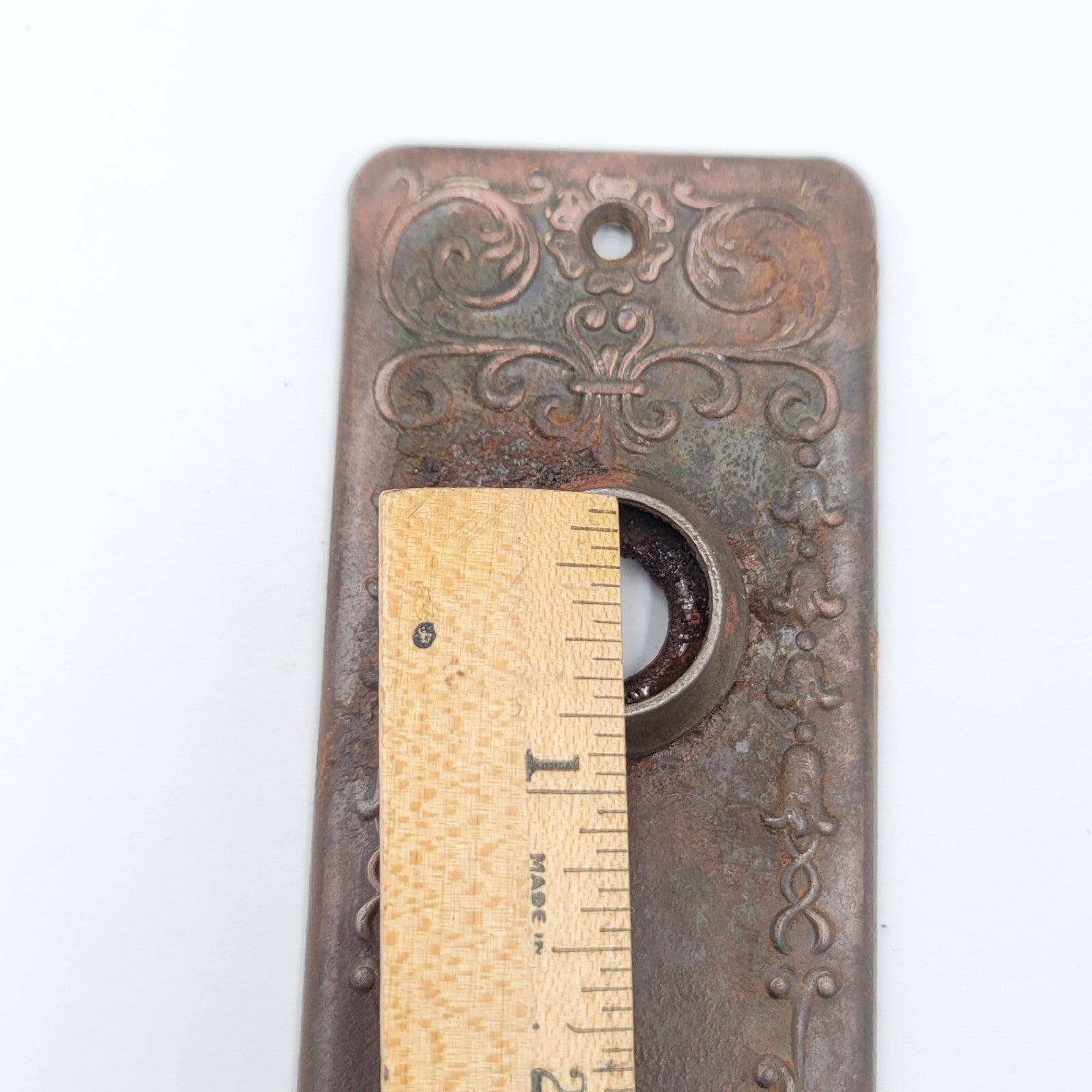 Vintage Ornate Steel Doorknob Back Plate 6" x 2" holes 2.5"