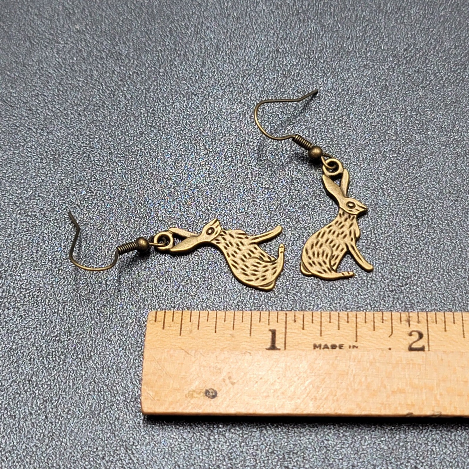New BUNNY RABBIT Pierced Earrings Bronze tone Dangle Embossed 1"