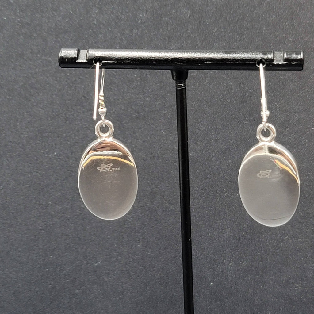 Pierced Earrings Silver tone Stainless Steel Oval Peach Enamel Dangle 1 1/8"