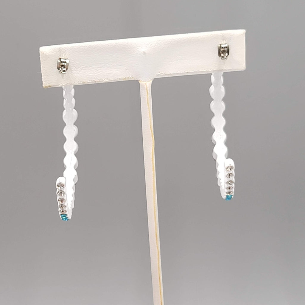 White Enamel Pierced Earrings Blue Ombre Rhinestone Large 2"