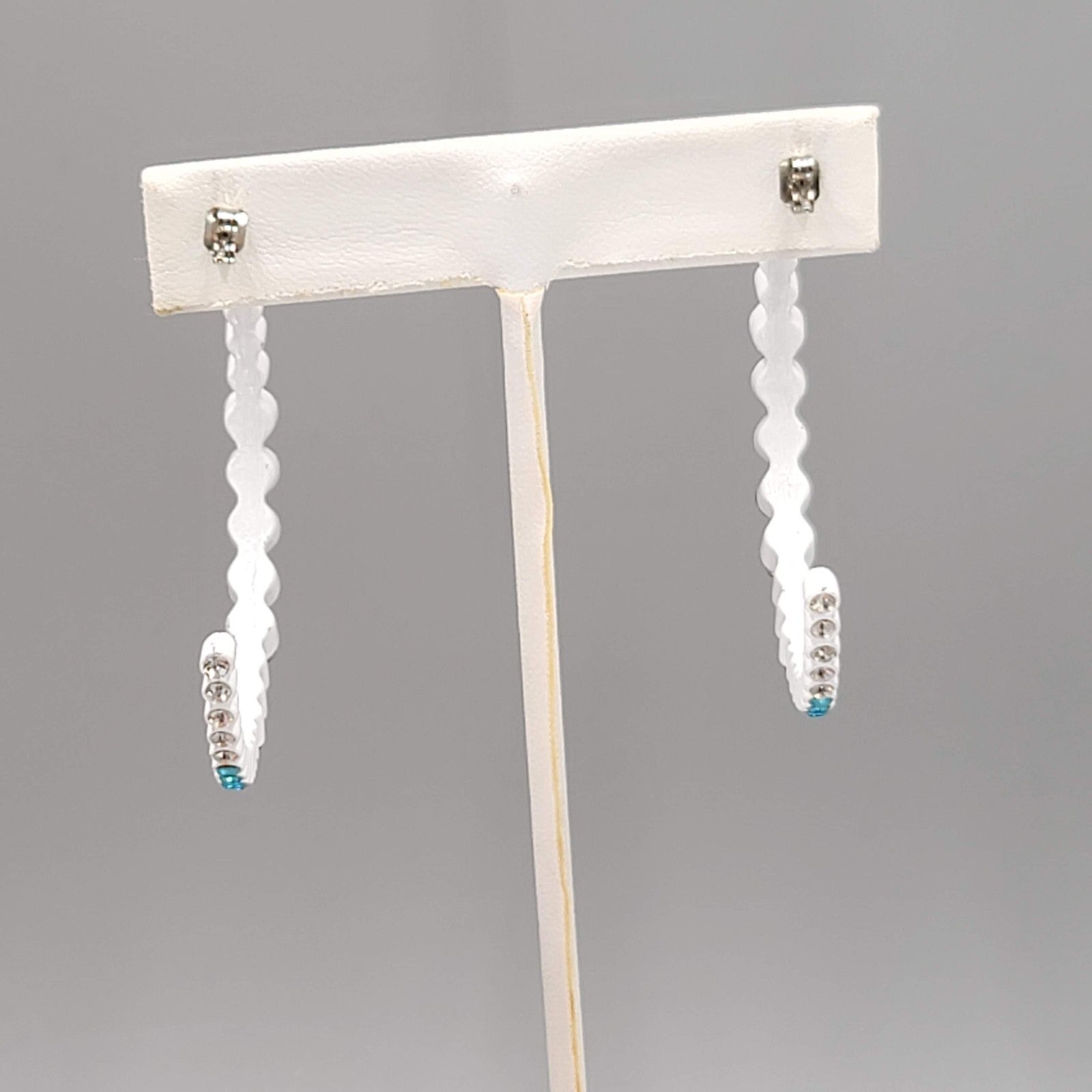 White Enamel Pierced Earrings Blue Ombre Rhinestone Large 2"