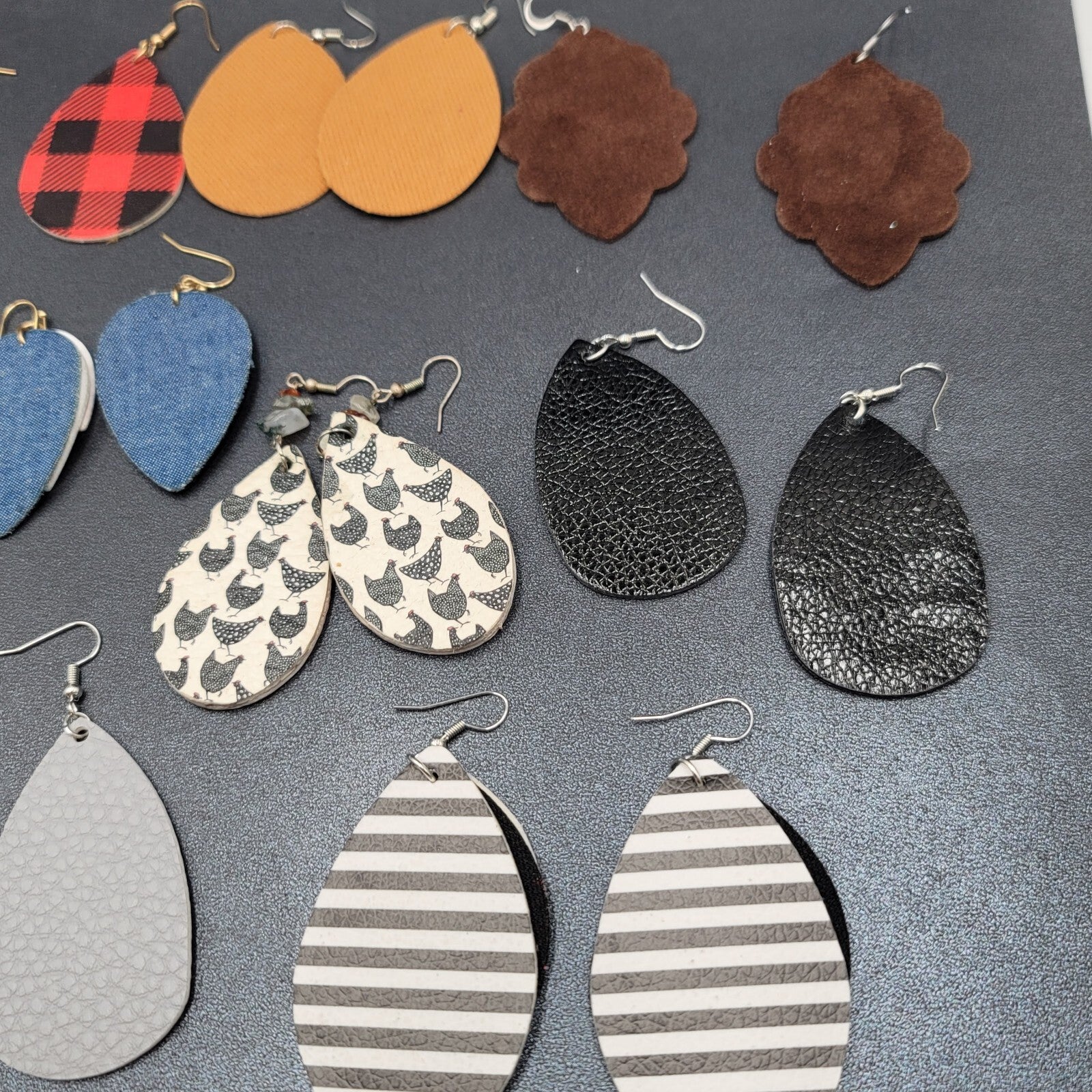 Lot of 9 Pierced Earrings Teardrop Dangle Multicolor Faux Leather Felt Denim