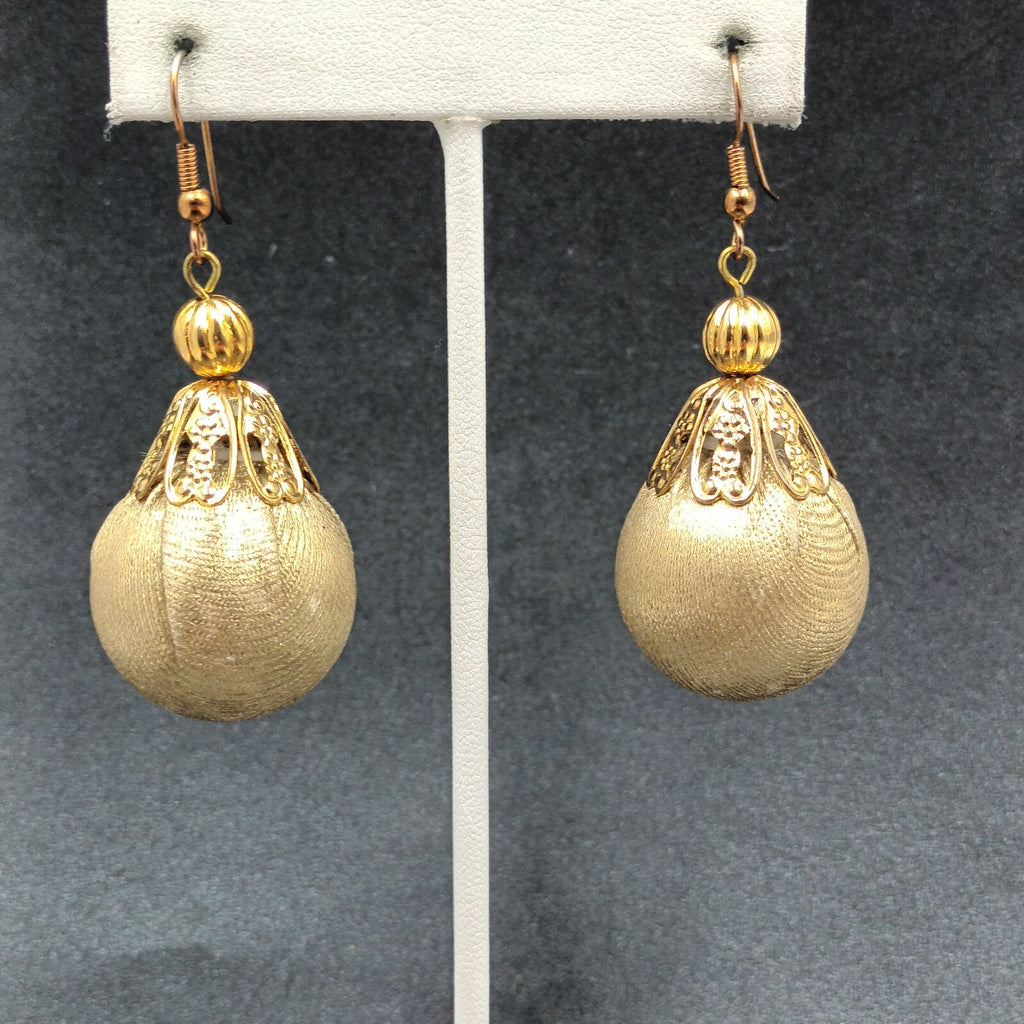 Pierced Earrings Gold tone Christmas Ornament Fabric Wrapped Ball Dangle 1 3/4"