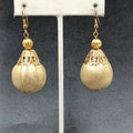Pierced Earrings Gold tone Christmas Ornament Fabric Wrapped Ball Dangle 1 3/4"
