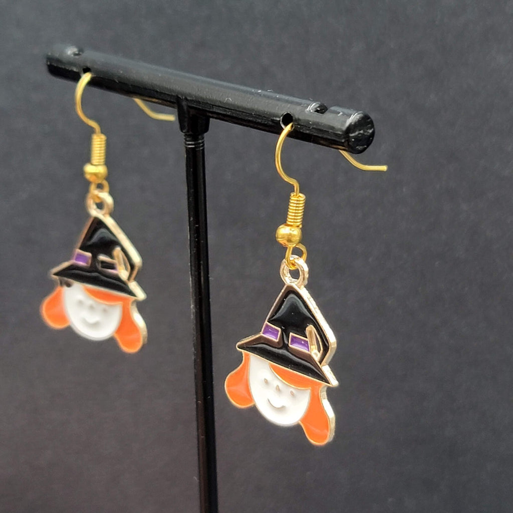 Cute Witch Halloween Pierced Earrings Gold tone Enamel Dangle 1"