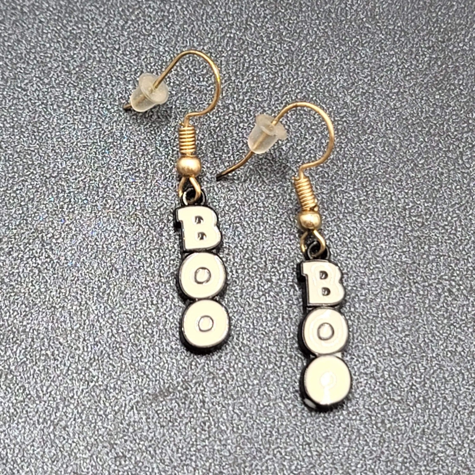 BOO Pierced Earrings Black Enamel Halloween Dangle Gold tone 7/8"