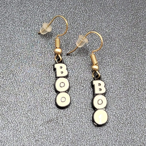 BOO Pierced Earrings Black Enamel Halloween Dangle Gold tone 7/8"