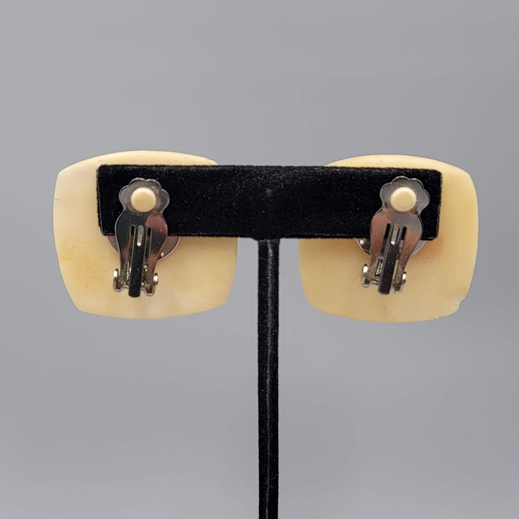Vintage Clip on Earrings Hand Carved Checkered Square Drop 1.25"