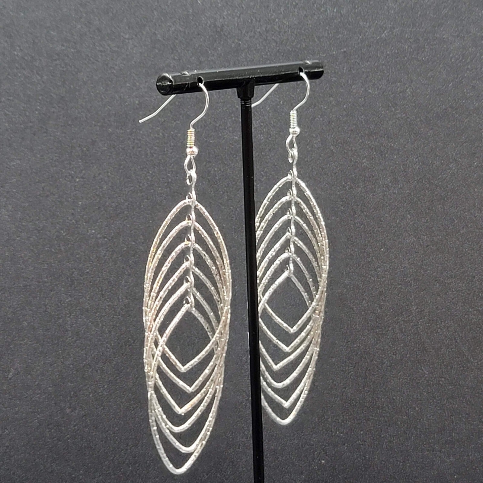 Pierced Earrings Silver tone Textured Concentric Hoops Dangle Statement 2.75"