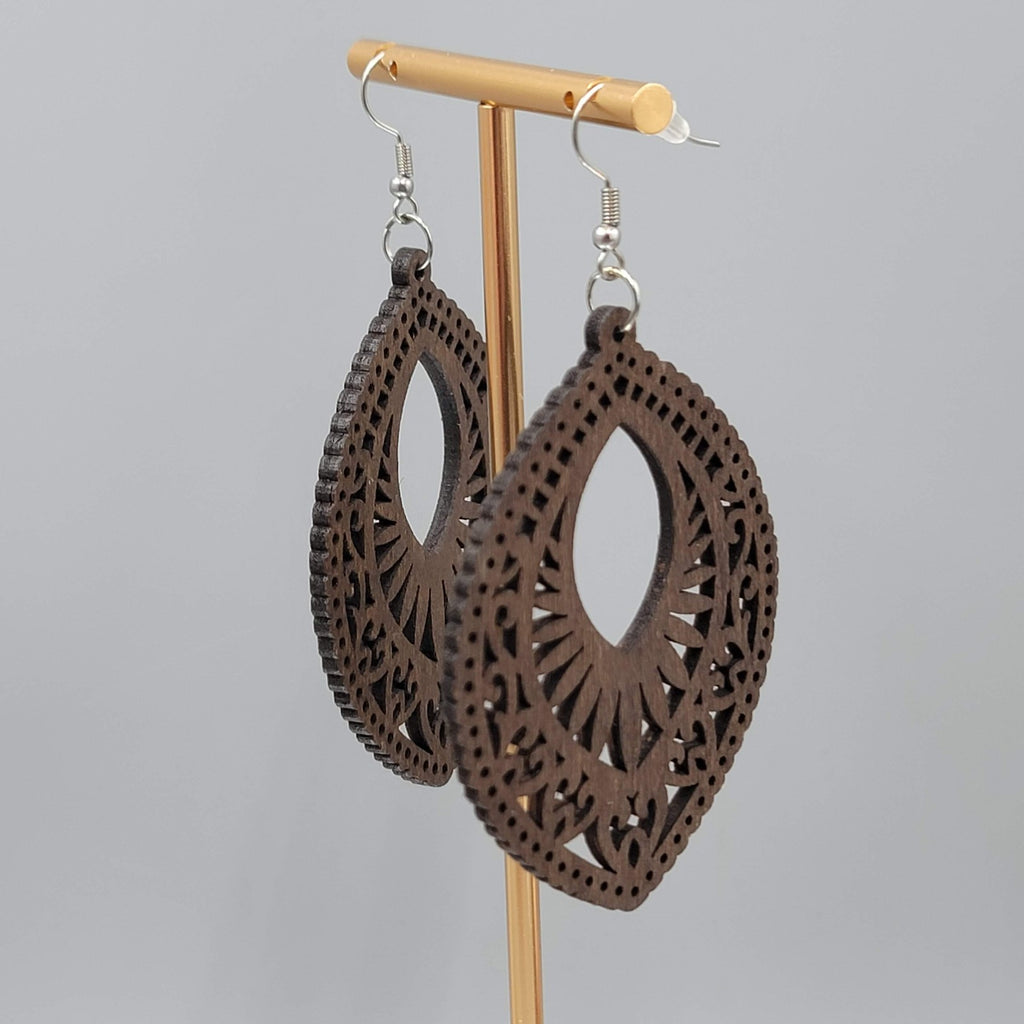 Wood Cut Large Boho Pierced Earrings Silver tone Dangle 3 in